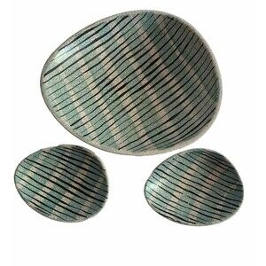 MCM Dumler & Breiden Art Pottery Stripped Blue & Black Crackled Dish Bowls Set 3